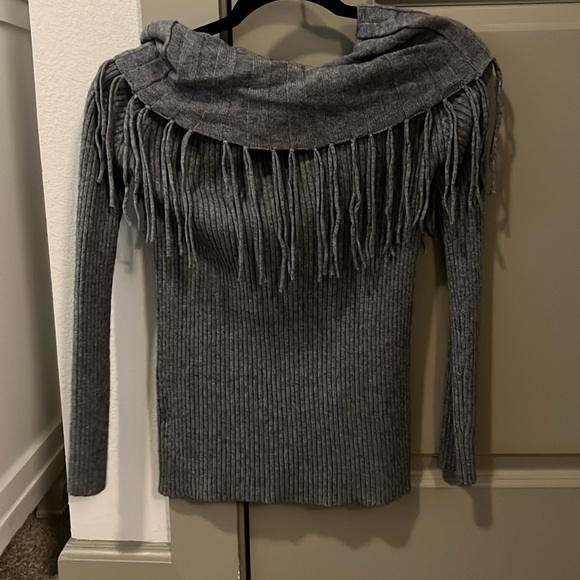 Gray Women’s off the shoulder fringe sweater - Picture 2 of 3